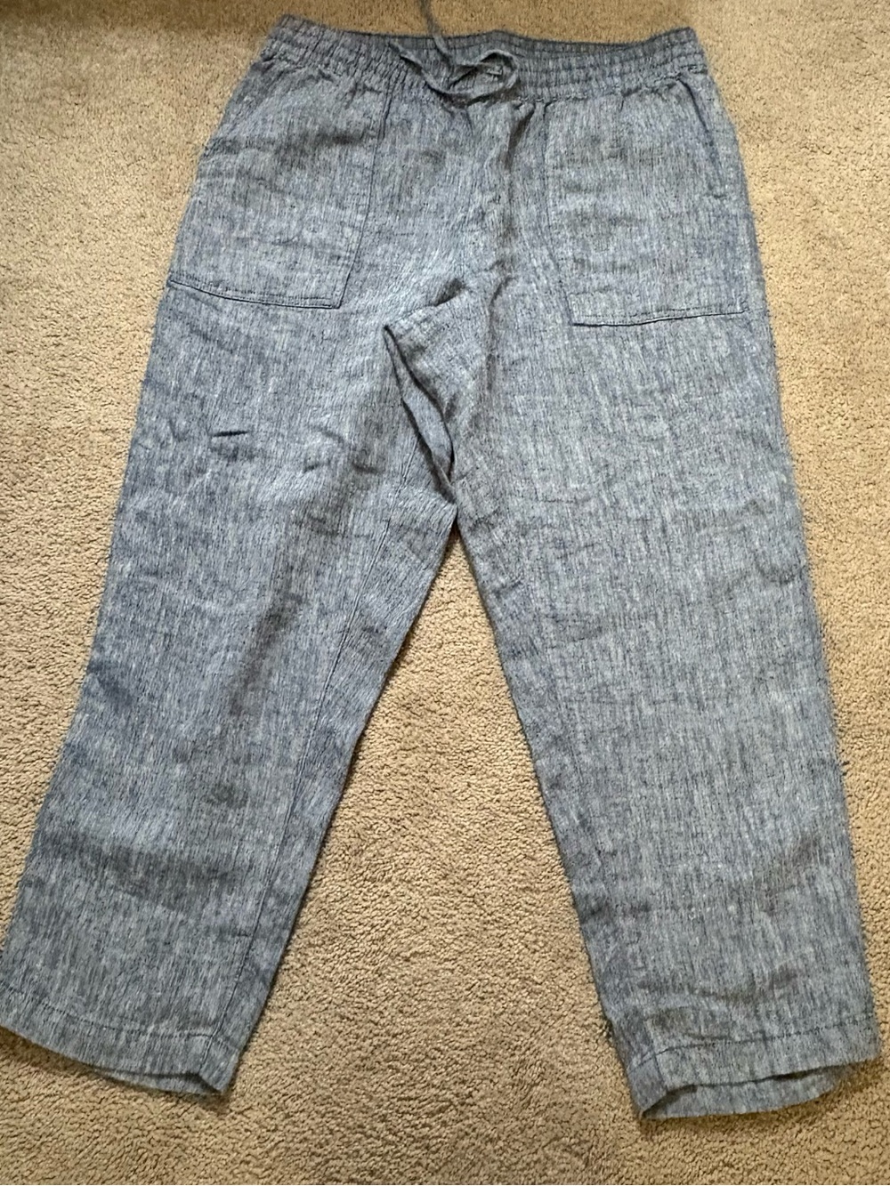 Lands' End Women’s Blue Drawstring Elastic Waist Linen Crop Pants Size 10